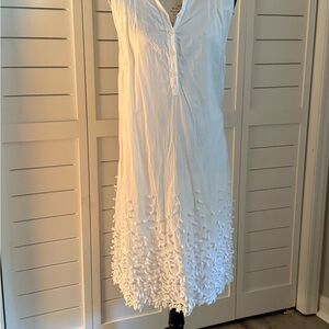 White Linen Sleeveless Dress with Elegant Embroidered Detail